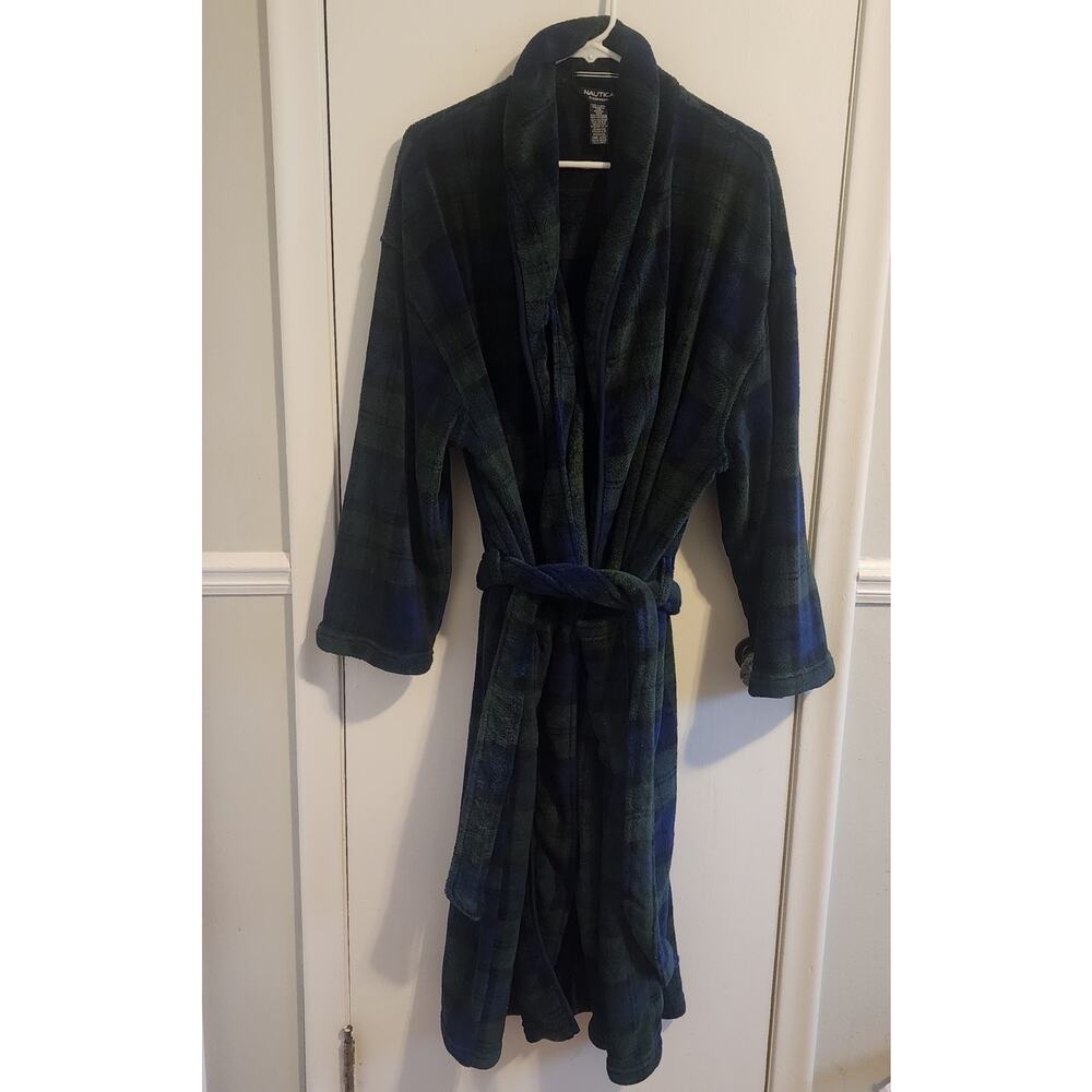 Nautica Sleepwear One Size Blue Green Plaid Flannel Robe With Pockets Belt